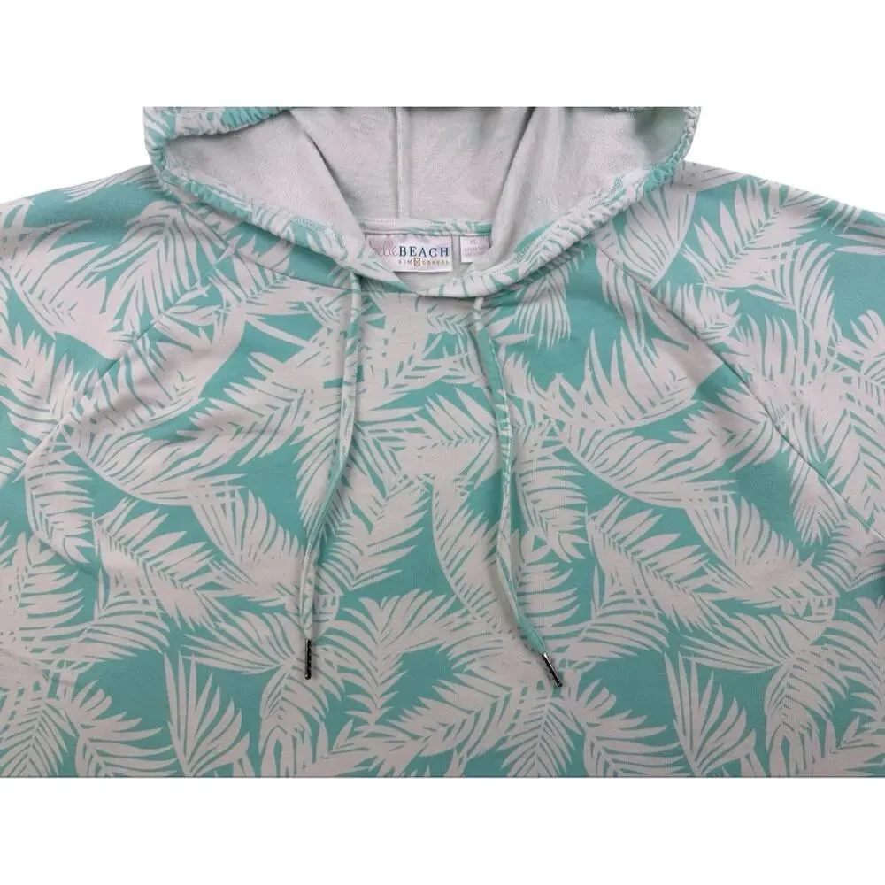 Belle Beach by Kim Gravel French Terry Short Sleeve Hoodie Light Aqua Palm XL - Picture 5 of 12